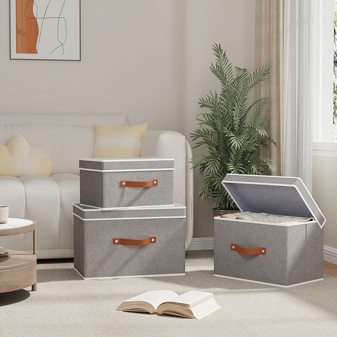 Collapsible Storage Bins with Lids, 3 Pack Linen Foldable Cloth Baskets - Image 3