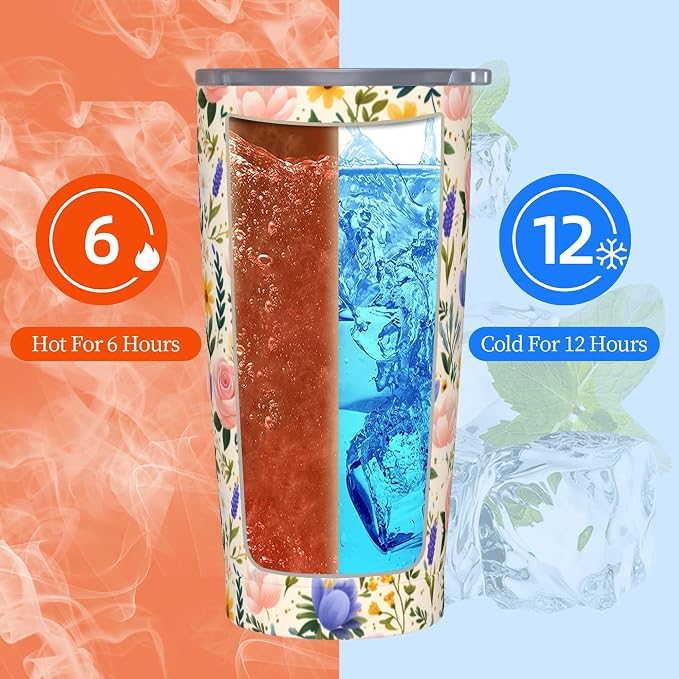 Floral Tumbler with Lid and Straw 20oz Vacuum Insulated Coffee Cup Stainless Steel Tumblers Leakproof Travel Mug Present for Women Men - Image 6