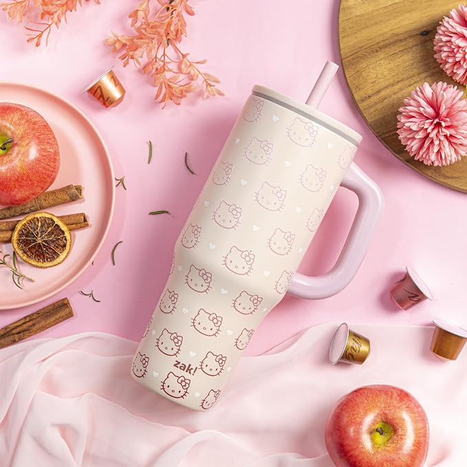 Zak Designs Sanrio Sutton Travel Tumbler for On the Go or At Home, 40oz Stainless Steel with Vacuum Insulation, Silicone Straw, and Carry Handle for Cold Drinks (Hello Kitty) - Image 2
