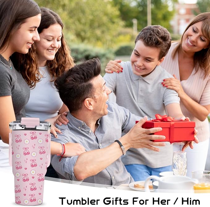 20oz Cherry Tumblers - Pink Cherry Tumbler with Straw Handle, Leak-proof, BPA-free, Double Wall Insulated, Pink Gifts Cup for Girls, Insulated Coffee Tumbler Bows Stainless Steel Cup for Women Kids - Image 7