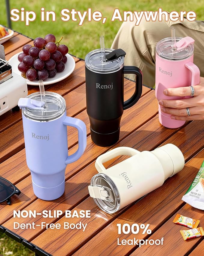 Renoj Insulated Mug 100% Leak Proof Insulated Water Bottle for Iced Coffee & Hot Drinks - Fits Car Cup Holder, Ideal Gift, 2 Straws & Silicone Boot - SnapShift Black 40 oz - Image 7