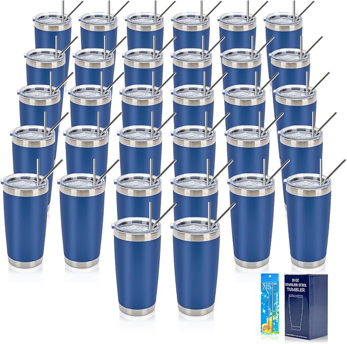 IEOVIEE 32 Pack, 20oz Stainless Steel Bulk Tumblers with Lids and Straws, Double Wall Insulated Travel Coffee Mug, Durable Powder Coated Tumbler Bulk Cup for Cold and Hot Drinks(Dark Blue) by IEVOIEE