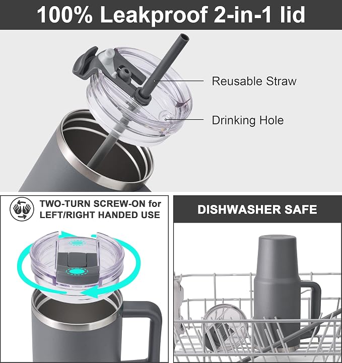 SUNWILL Coffee Tumbler with Handle, 20 oz Travel Mug with Lid and Straw Insulated, Stainless Steel Cup Leak Proof for Travel & Outdoor, Cupholder Friendly, Powder Coated Charcoal - Image 4