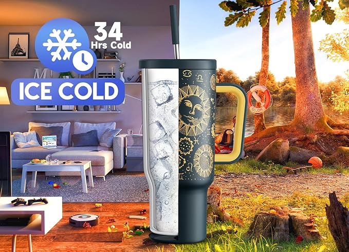 Meoky 40 oz Tumbler with Handle and Straw, Tumbler with Lid and Straw, Insulated Stainless Steel Travel Mug, 100% Leak-proof, Keeps Cold for 34 Hours or Hot for 10 Hours (Tarot) - Image 2