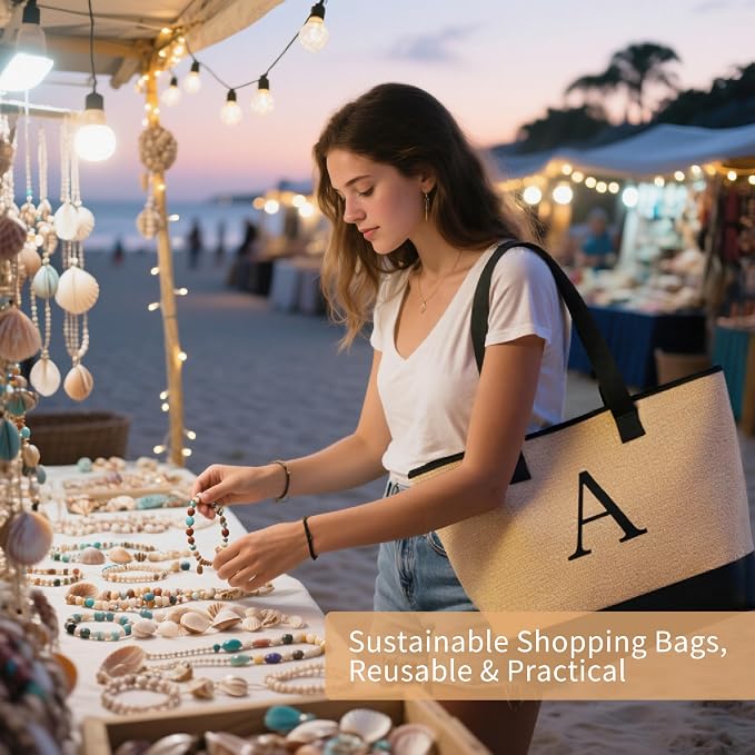KALIDI Woven Tote Bag for Women, Lightweigh Monogram Beach Bag - Image 4