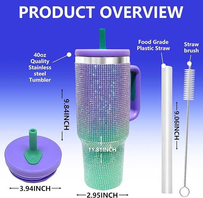 40-OZ Insulated Water Bottle,Insulated Stainless Steel Tumbler,Reusable Cold Drink Thermos,BPA-Free, Double-Wall Stainless Steel Water Bottle (Purple Green Gradient-Diamond, 40, Fluid Ounces) - Image 2