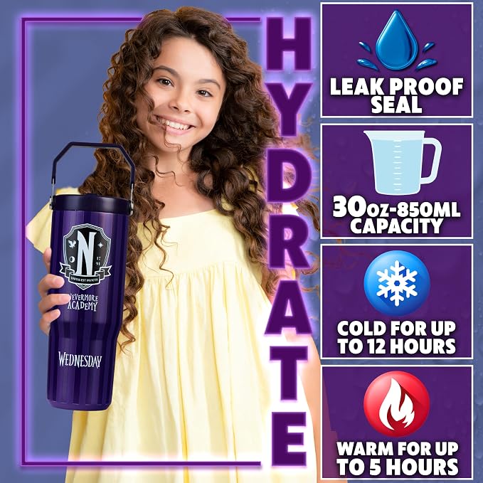 Get Trend Wednesday Tumbler with Straw 30oz Girls Teens Insulated Cup with Lid Handle Travel Mug Cups with Lids for School Sports Gifts for Girls (Purple Wednesday) - Image 2