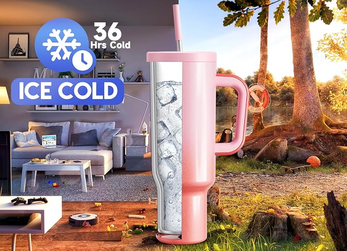 Meoky 50 oz Tumbler with Handle, Tumbler with Lid and Straw, Insulated Stainless Steel Travel Mug, 100% Leak-proof, Keeps Cold for 36 Hours or Hot for 12 Hours (Flamingo) - Image 2
