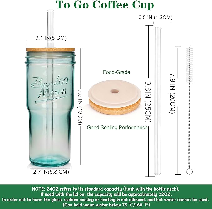 ANOTION Colored Glass Cups with Lids and Straws - 24oz Travel Coffee Mug Wide Mouth Mason Jar Iced Coffee Cup Smoothie Cup Glass Tumbler Tea Cup Clear Cute Water Cups Colorful Drinking Glasses - Image 2