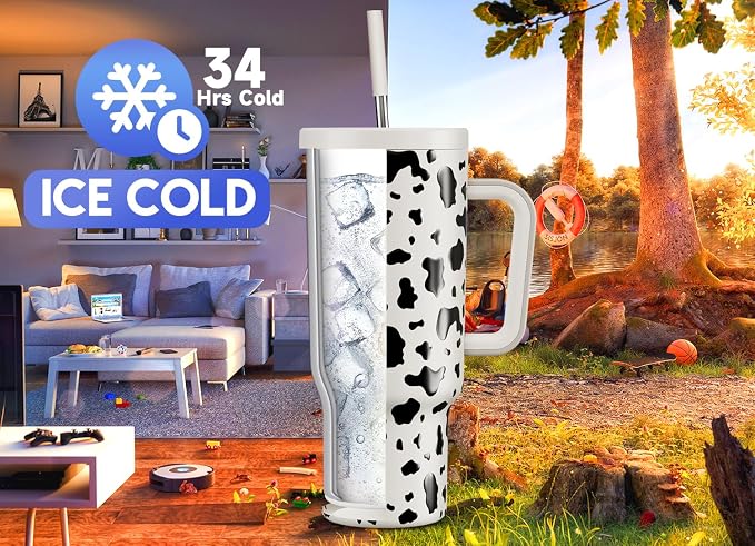 Meoky 40 oz Tumbler with Handle and Straw, Tumbler with Lid and Straw, Insulated Stainless Steel Travel Mug, 100% Leak-proof, Keeps Cold for 34 Hours or Hot for 10 Hours (Cow) - Image 2