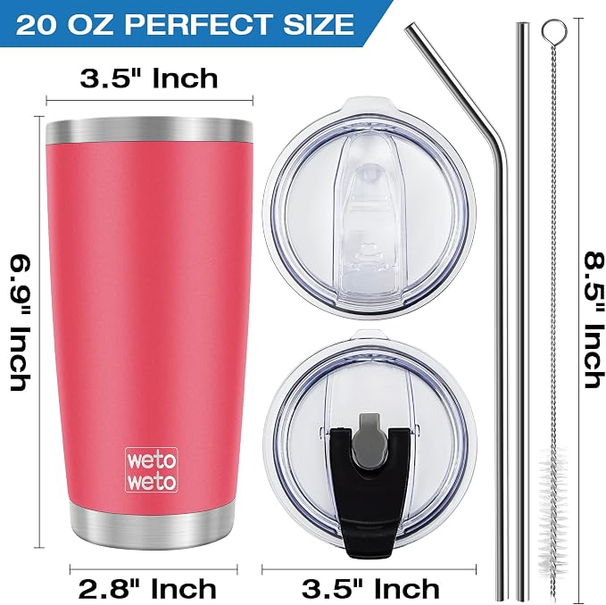 WETOWETO 20oz Tumbler with 2 lids and 2 straws, Stainless Steel Vacuum Insulated Water Coffee Tumbler Cup, Double Wall Powder Coated Spill-Proof Travel Mug Thermal Cup (Watermelon Red, 1 Pack) - Image 3