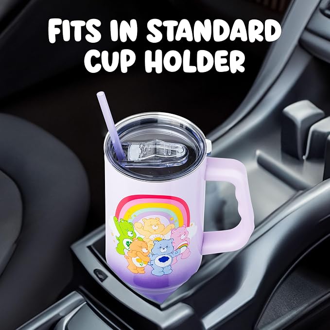 Silver Buffalo Care Bears Rainbow Featuring Funshine, Cheer, Grumpy, Friend, and Good Luck Bear Double Walled Stainless Steel Tumbler with Handle and Straw, Fits in Standard Cup Holder, 40 Ounces - Image 6
