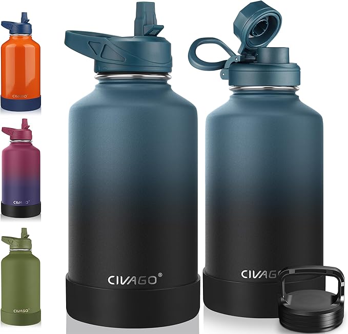 CIVAGO 64 oz Insulated Water Bottle With Straw, Half Gallon Stainless Steel Sports Water Flask Jug with 3 Lids (Straw, Spout and Handle Lid), Large Metal Thermal Cup Mug, Indigo Black by CIVAGO