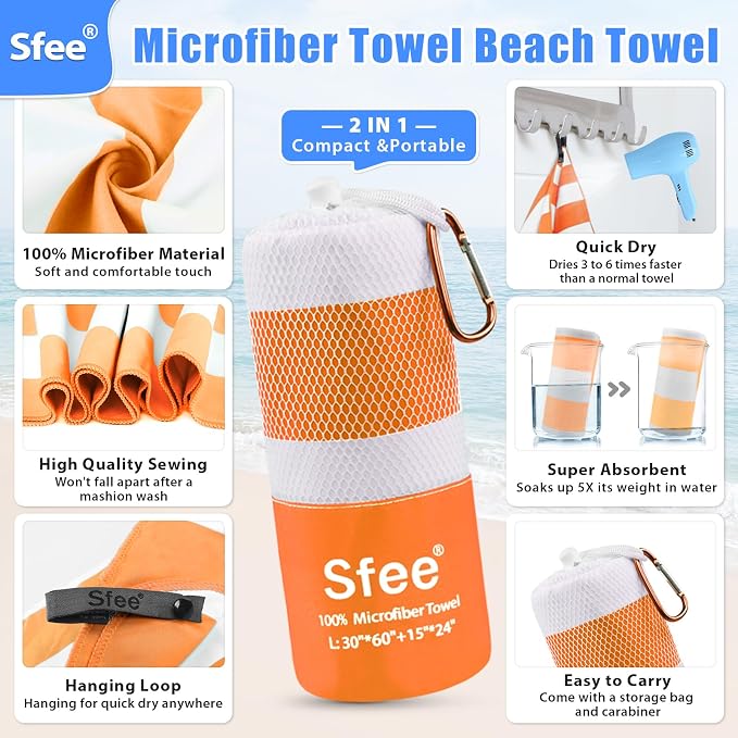 Sfee 2 in 1 Microfiber Oversized Beach Towel, Quick Dry Towel Travel Towel - Image 2