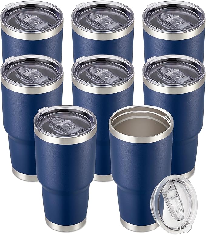 30 oz Tumbler with Lid Stainless Steel Tumblers Bulk Vacuum Insulated Cup Reusable Powder Coated Travel Mug Double Wall Leak Proof Cups Keep Cold Drinks for 12 Hours Navy, Set of 8 by CoolYoleb