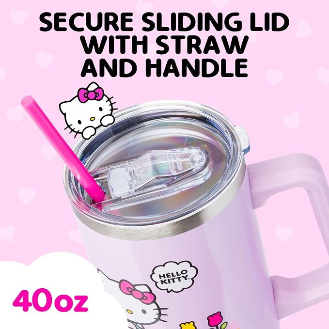 Silver Buffalo Sanrio Hello Kitty Spring and Summer Flowers Rainbow Stripes Double Walled Stainless Steel Tumbler with Handle and Straw, Fits in Standard Cup Holder, 40 Ounces - Image 4
