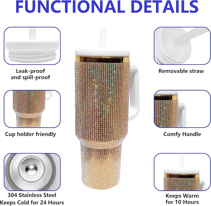 40-OZ Insulated Water Bottle,Insulated Stainless Steel Tumbler,Reusable Cold Drink Thermos,BPA-Free, Double-Wall Stainless Steel Water Bottle (Golden Copper Color-Diamond, 40, Fluid Ounces) - Image 3