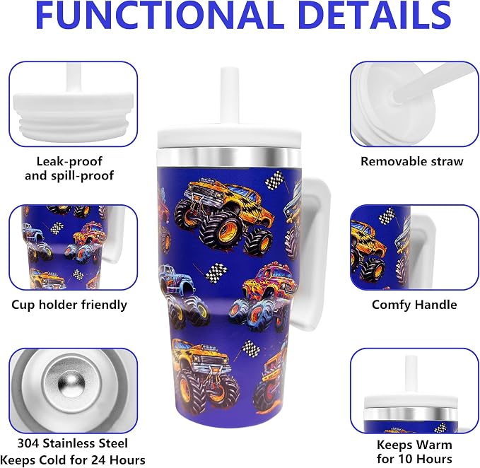 2PCS 20-OZ Insulated Water Bottle,Insulated Stainless Steel Tumbler,Reusable Cold Drink Thermos,BPA-Free, Double-Wall Stainless Steel Water Bottle (Dark blue-Monster trucks, 20, Fluid Ounces) - Image 3