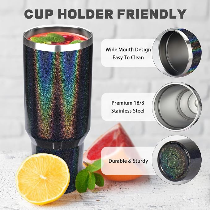40 oz Tumbler with Lids and Straws, Stainless Steel Insulated Coffee Tumbler, Double Wall Vacuum Insulated Travel Mug Cup, Leakproof Thermal Coffee Cup for Hot and Cold Drinks (Glitter Black) - Image 3