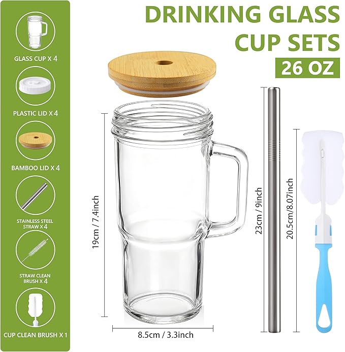 Birity Glass Cups with Lids and Straws,24oz Glass Tumbler With Handle,4 Pack Reusable Iced Coffee Cup with Lids-Mason Jar with Lid and Straw,Boba Cup for Cold & Hot Drinks,Smoothies Cup,Travel Mug - Image 4
