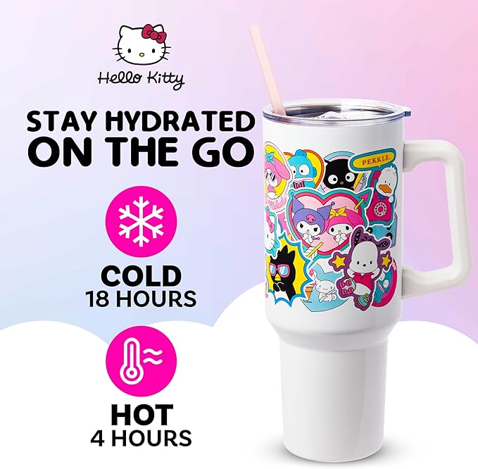 Silver Buffalo Sanrio Hello Kitty & Friends Cinnamoroll, Kuromi, Chococat, Badtz-Maru, Keroppi, Sticker Double Walled Stainless Steel Tumbler w Handle and Straw, Fits in Standard Cup Holder, 40 Ounces - Image 2