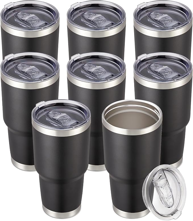 30 oz Tumbler with Lid Stainless Steel Tumblers Bulk Vacuum Insulated Cup Reusable Powder Coated Travel Mug Double Wall Leak Proof Cups Keep Cold Drinks for 12 Hours Black, Set of 8 by CoolYoleb