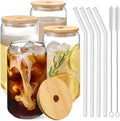 Drinking Glasses with Bamboo Lids and Glass Straw 4pcs Set - 16oz Glass Cups, Iced Coffee Glasses, Cute iced Tea Glasses, Beer Glasses, Ideal for Coffee Bar Accessories, Aesthetic Gift - 2 Brushes by NETANY