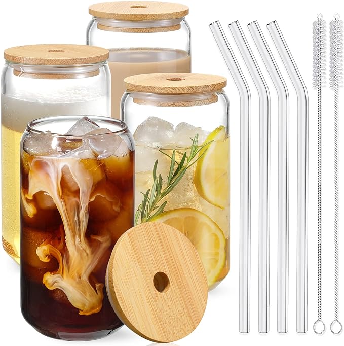 Drinking Glasses with Bamboo Lids and Glass Straw 4pcs Set - 16oz Glass Cups, Iced Coffee Glasses, Cute iced Tea Glasses, Beer Glasses, Ideal for Coffee Bar Accessories, Aesthetic Gift - 2 Brushes by NETANY