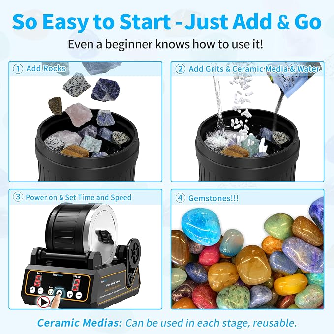 KomeStone Rock Tumbler Kit, K1 Professional Large 2.5LB Capacity Edition - Memory Function, Digital Timer & Variable Speeds: Includes All Accessories, Rock Polisher Gift for Adults & Kids - Image 3