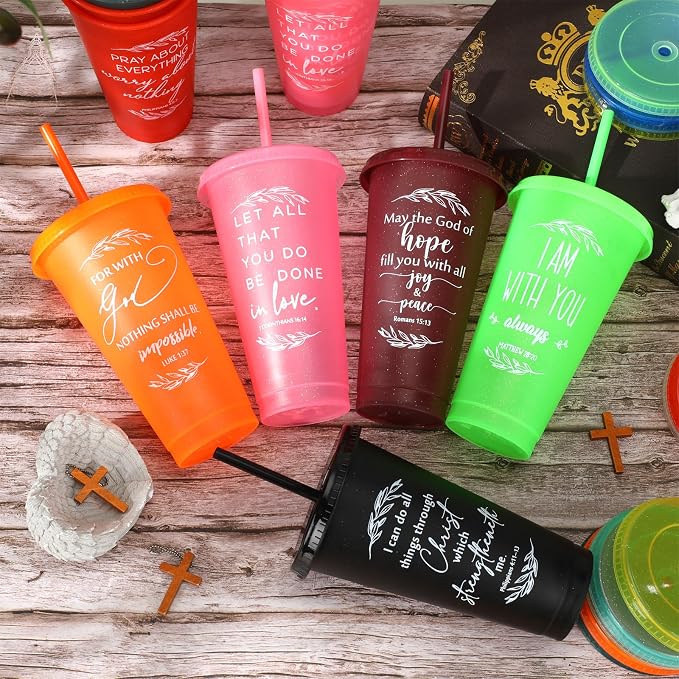 Havawish 48 Pcs Mothers Day Christian Tumbler Gift Bulk Religious Inspirational 24 oz Drinking Jesus Cup with Lid Straw Bible Verse Plastic Cup for Church Father Teacher First Communion (Colour) - Image 4