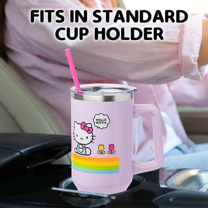 Silver Buffalo Sanrio Hello Kitty Spring and Summer Flowers Rainbow Stripes Double Walled Stainless Steel Tumbler with Handle and Straw, Fits in Standard Cup Holder, 40 Ounces - Image 5