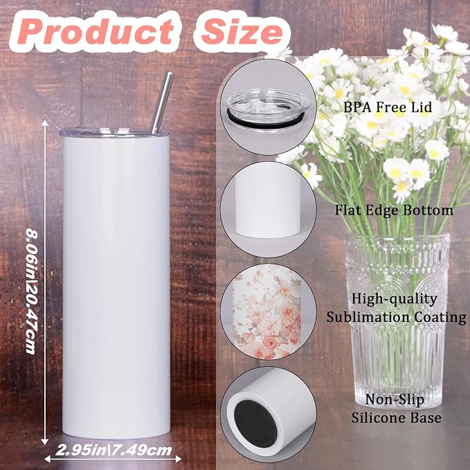 Muwnrol 50 Pack 20 Oz Sublimation Tumblers Bulk, Stainless Steel Double Wall Vacuum Insulation Cup, Sublimation Cups with Straw, Individually Box (Flat Edge) - Image 4