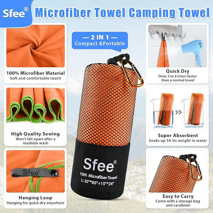 Sfee 2 Pack Microfiber Travel Towel, Quick Dry Camping Towel Large Beach Towel - Image 2