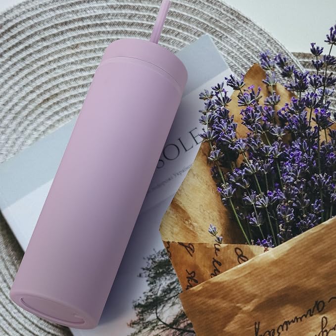 sweet grain Skinny Tumblers with Lids and Straws(6 Pack) - 16oz Matte Pastel Colored Skinny Acrylic Tumblers, Double Wall Plastic Tall Skinny Tumblers Bulk for Cold Hot Drinks - Purple - Image 9