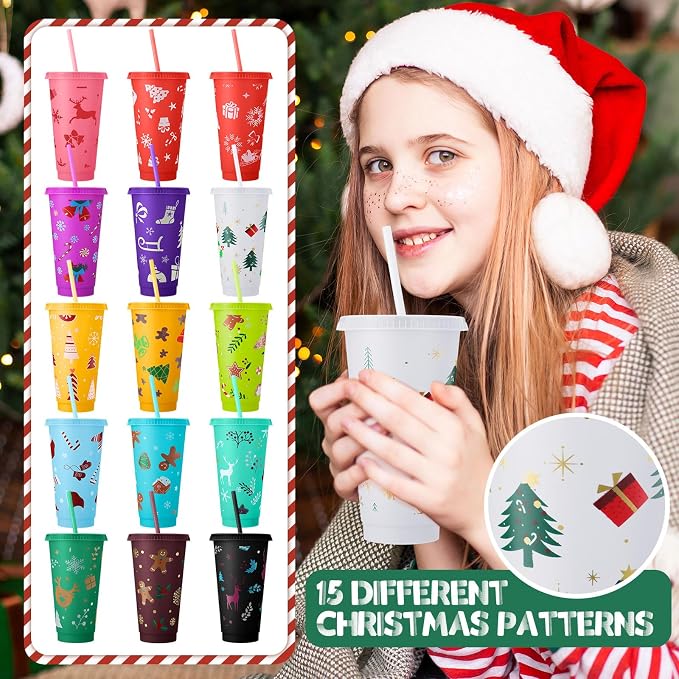 Honeydak 30 Pcs 24 oz Christmas Cups Gifts Bulk Christmas Tumbler with Straw and Lid Elk Xmas Reusable Plastic Coffee Cup Winter Water Bottle Iced Travel Mug for Holiday Party Birthdays - Image 2