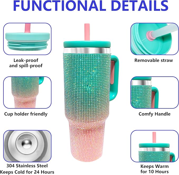 40-OZ Insulated Water Bottle,Insulated Stainless Steel Tumbler,Reusable Cold Drink Thermos,BPA-Free, Double-Wall Stainless Steel Water Bottle (Aqua Pink - Diamond, 40, Fluid Ounces, 40, Fluid Ounces) - Image 3
