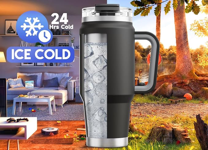 Meoky 32 oz Tumbler with Handle, Insulated Tumbler with Lid and Straw, Stainless Steel Travel Mug, Keeps Cold for 24 Hours, 100% Leak Proof, Fits in Car Cup Holder (Night) - Image 2