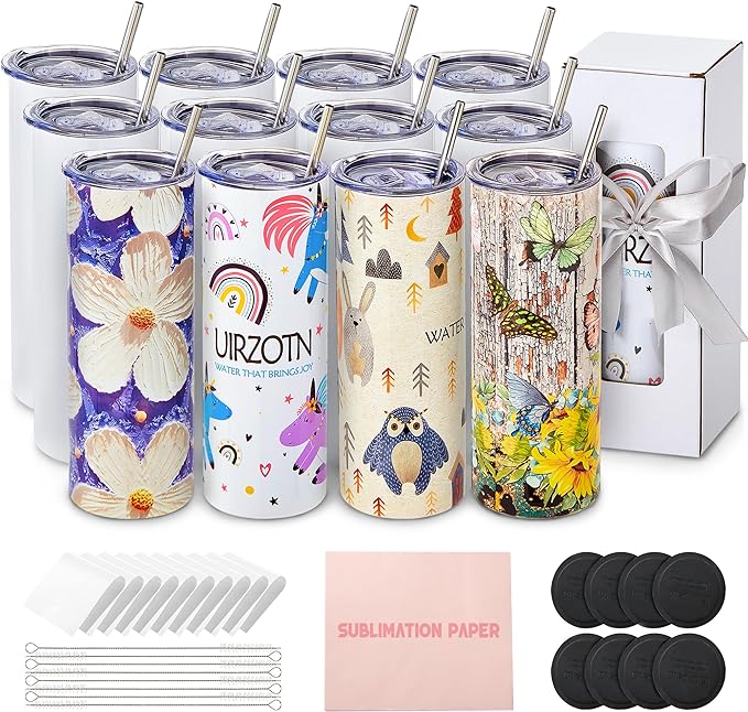 12 Pack 20oz Sublimation Tumbler Skinny Straight Bulk, Stainless Steel Double-Walled Insulated Sublimation Tumbler Blank for Heat Transfer, Gift Box by UIRZOTN