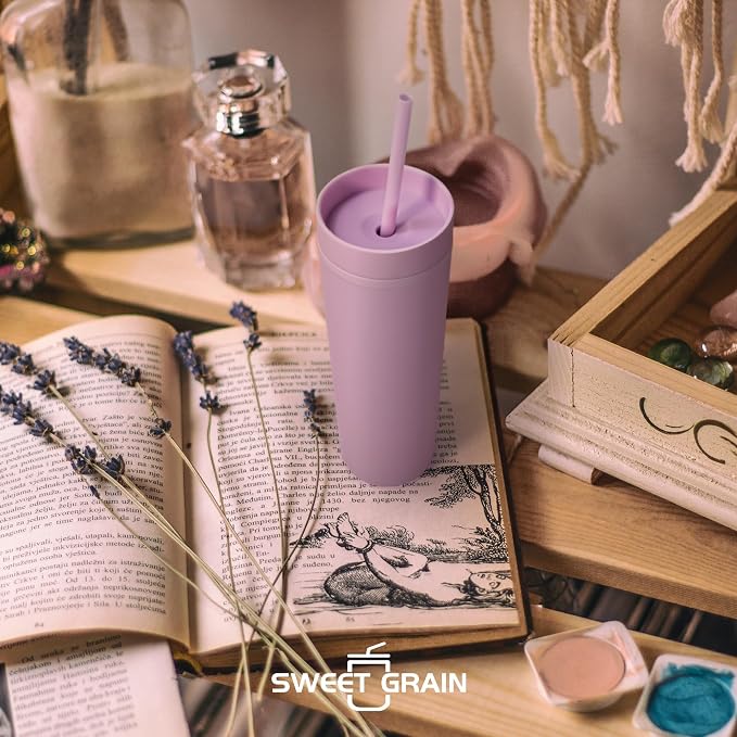 sweet grain Skinny Tumblers with Lids and Straws(6 Pack) - 16oz Matte Pastel Colored Skinny Acrylic Tumblers, Double Wall Plastic Tall Skinny Tumblers Bulk for Cold Hot Drinks - Purple - Image 2