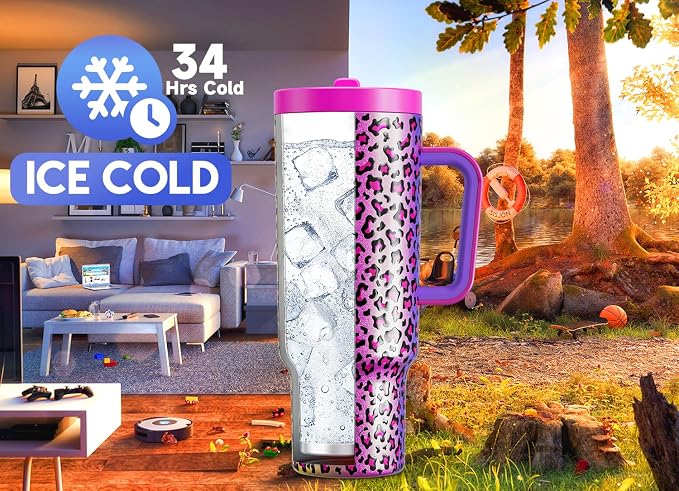 Meoky 40 oz Tumbler with Handle and Flip Straw, 100% Leakproof Tumbler with Lid and Straw, Stainless Steel Insulated Cup, Cupholder Friendly, Keeps Cold for 34 Hours (Celebration) - Image 2