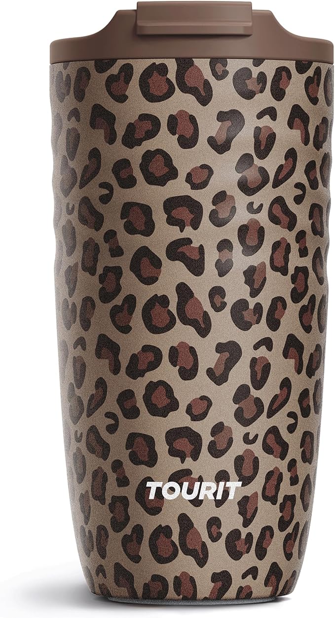 TOURIT 16 oz Travel Coffee Mug, Insulated Stainless Steel Travel Mug with Lid, Leak-Proof Double-Wall Vacuum Tumbler, Reusable Coffee Cup - Brown leopard by TOURIT