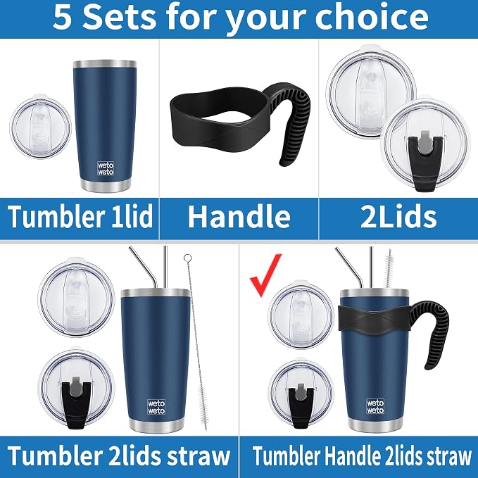 WETOWETO 20oz Tumbler with 2 lids and 2 straws, Stainless Steel Vacuum Insulated Water Coffee Tumbler Cup with Handle, Double Wall Powder Coated Spill-Proof Travel Mug Thermal Cup (Navy Blue, 1 Pack) - Image 2