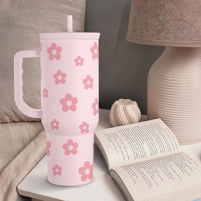 Floral Tumbler with Handle and Straw 40oz Stainless Sleel Slider Tumbler Travel Coffee Mug for Women - Gift Idea for Birthday Christmas - Image 8