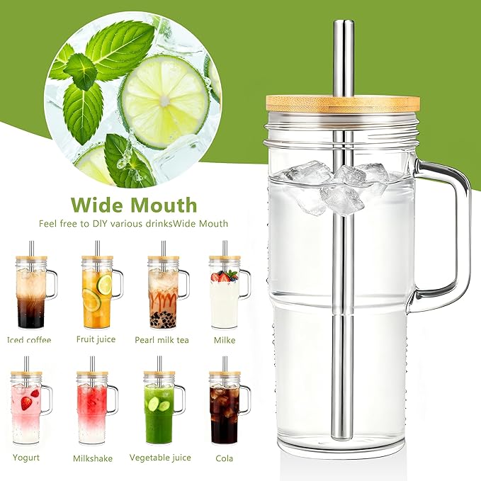 Birity 24oz Glass Cups with Lids and Straws,Glass Tumbler with Handle,2 set–Reusable Glass Ice Coffee Cups with Lid and Straw for Smoothies,Tea,Juice,Boba Cup for Cold & Hot Drinks,Travel Cup - Image 2