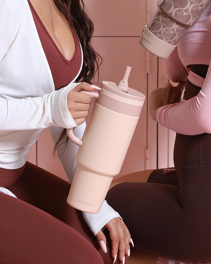 40 oz Insulated Tumbler with Handle and Push-Button Straw Lid, Stainless Steel Travel Cup for Gym Office, Leakproof, BPA-Free, Cup Holder Friendly, Bow Silicone Boot, Beige (Cream Latte) - Image 7
