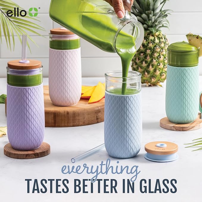 Ello Devon 18oz Glass Tumbler with Straw, Friction Fit Bamboo Wood Lid and Silicone Sleeve | Perfect for Iced Coffee, Tea, and Smoothies - Image 5