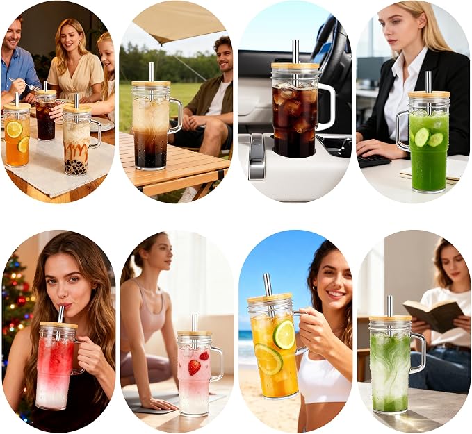 Birity 24oz Glass Cups with Lids and Straws,Glass Tumbler with Handle,2 set–Reusable Glass Ice Coffee Cups with Lid and Straw for Smoothies,Tea,Juice,Boba Cup for Cold & Hot Drinks,Travel Cup - Image 6