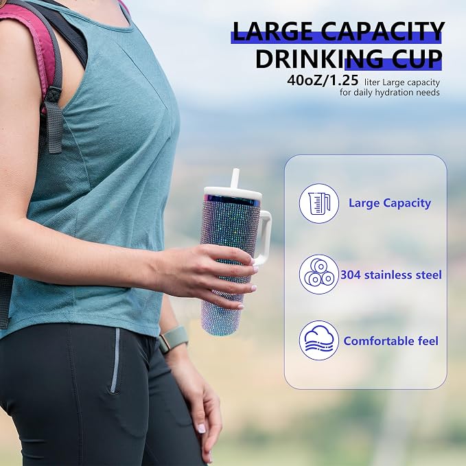40-OZ Insulated Water Bottle,Insulated Stainless Steel Tumbler,Reusable Cold Drink Thermos,BPA-Free, Double-Wall Stainless Steel Water Bottle (Colorful-Diamond, 40, Fluid Ounces) - Image 4