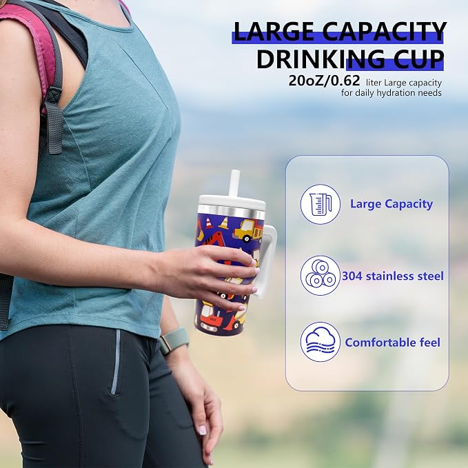 2PCS 20-OZ Insulated Water Bottle,Insulated Stainless Steel Tumbler,Reusable Cold Drink Thermos,BPA-Free, Double-Wall Stainless Steel Water Bottle (Dark Blue-Construction Trucks, 20, Fluid Ounces) - Image 4