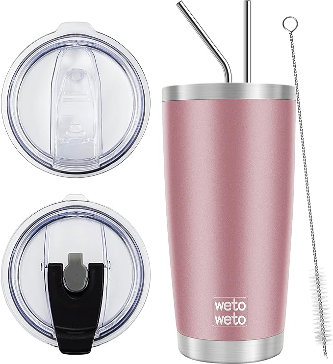 WETOWETO 20oz Insulated Stainless Steel Coffee Mug, Double Wall Vacuum Travel Mug with 2 Lids and 2 Straws, Powder Coated Tumbler Cup (Rose Gold,1) by Wetoweto